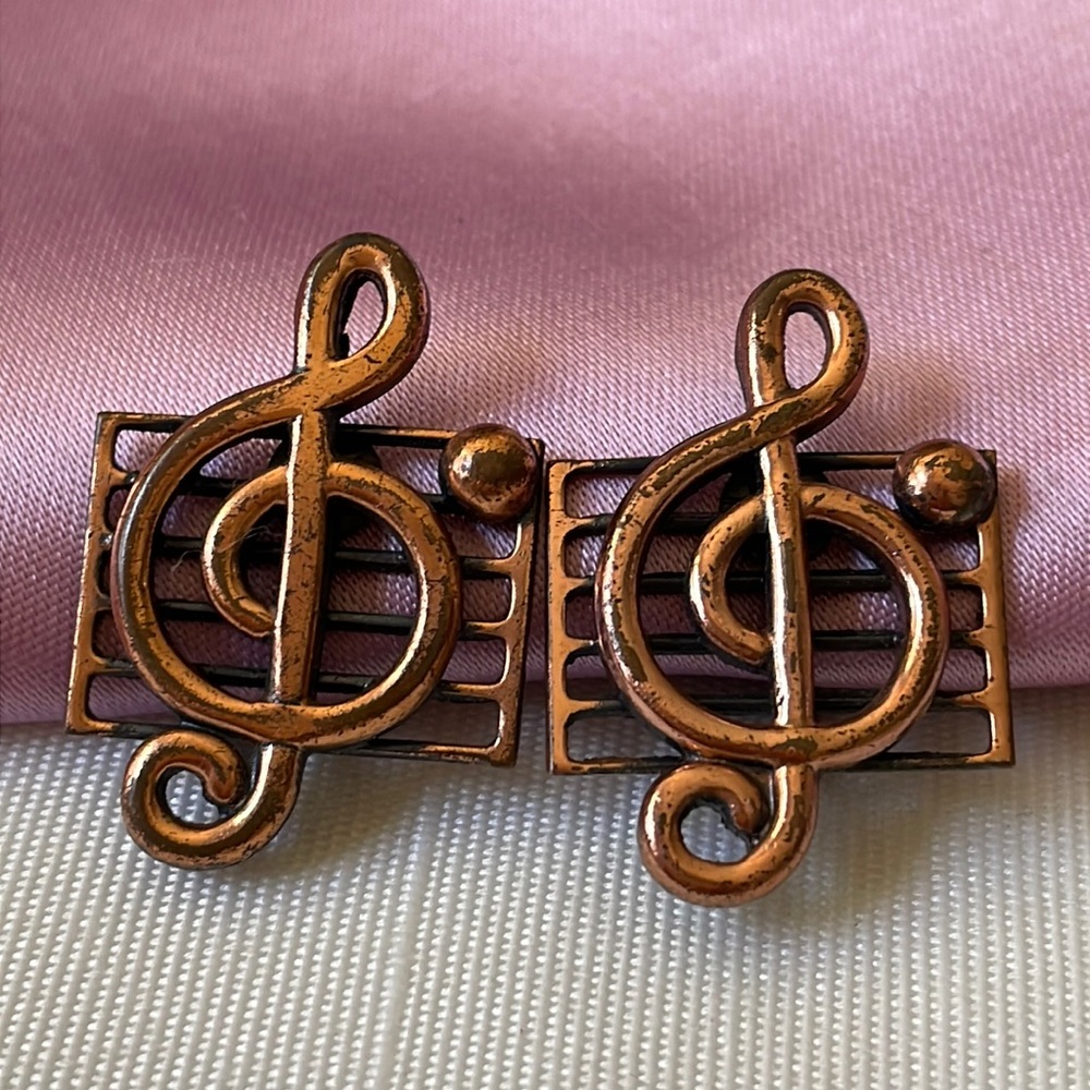Treble clef vintage mid century copper clip on screw earrings